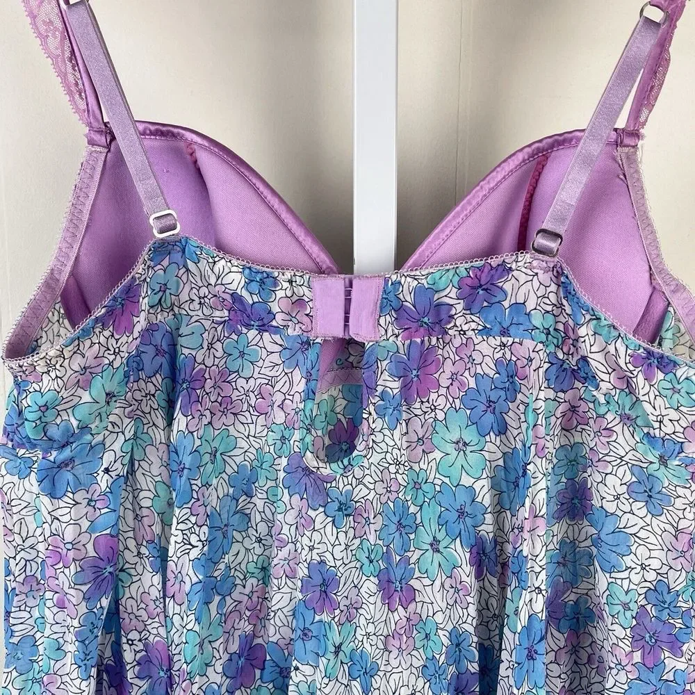 Vintage Cinema Etoile‎ Seductive Wear Chemise Purple Blue Floral Womens Medium - Picture 7 of 8